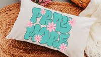 pray more turquoise Christian throw pillow for bed, godmother gift, bubble gum pink flower lumbar pillow cover 12x20, faith gifts for Mom