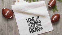 love us or fear us rally towel baseball mom gifts, game day football dad gift, sports duffle bag accessories, golf towel with grommet, coach