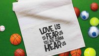 love us or fear us rally towel baseball mom gifts, game day football dad gift, sports duffle bag accessories, golf towel with grommet, coach
