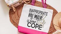 inappropriate humor is how I cope funny totes for moms, snarky gifts for girlfriends, sassy tote bags for teachers, reusable shopping bag