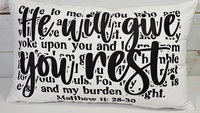 come unto me I will give you rest Bible verse throw pillow for bed, inspirational Christian gifts for sister, Matthew 11 28 scripture pillow