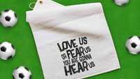 love us or fear us rally towel baseball mom gifts, game day football dad gift, sports duffle bag accessories, golf towel with grommet, coach