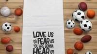 love us or fear us rally towel baseball mom gifts, game day football dad gift, sports duffle bag accessories, golf towel with grommet, coach