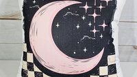 blush pink crescent moon throw pillow for kids room, outer space nursery decor, spacecore reading nook pillow for girls, college dorm decor
