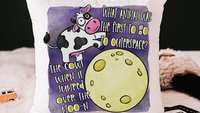 funny cow throw pillow for kids, nursery rhyme nursery decor, reading nook pillow, cute cow gifts for cow lovers, cow jumped over the moon
