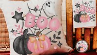 coquette Halloween decor set, boo Halloween gift set for her, cute Halloween gifts for women, pink pumpkin throw pillow for couch, whimsical