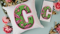 custom pink flamingo initial throw pillow for couch, personalized flamingo kitchen towels cute flamingo gifts for her, beach house gift set