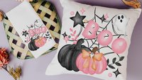 coquette Halloween decor set, boo Halloween gift set for her, cute Halloween gifts for women, pink pumpkin throw pillow for couch, whimsical