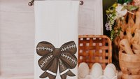 personalized football coquette bow football kitchen towels, fall kitchen decor, football mom gifts, cute football rally towel, hand towels