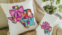 watercolor Texas throw pillow for bed cute Texas coquette kitchen towels for gift, floral Texas gifts for her, pink bow pillow cover 18 x 18