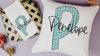 personalized turquoise gingham initial throw pillow with name, cute flamingo gifts for women, pink flamingo decor, beach house gifts, accent