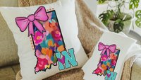 Indiana pillow for dorm room, watercolor floral throw pillow pink coquette bow kitchen towels for gifts, Bloomington Indiana gifts, college