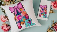 watercolor Alabama throw pillow for bed, Alabama coquette bow kitchen towels, Alabama college care package for girls, pink preppy pillows