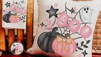 coquette Halloween kitchen towel, boo basket stuffers for adults, whimsical Halloween kitchen decor, pink pumpkin hand towels for bathroom