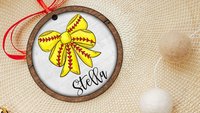 personalized softball coquette bow softball ornament wood, cute softball senior night gift, softball bow car charms for women, softball mom