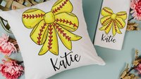 personalized softball coquette bow softball ornament wood, cute softball senior night gift, softball bow car charms for women, softball mom