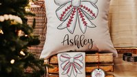personalized baseball coquette bow throw pillows with name, baseball mom gifts, baseball girl baseball bow ornament wood, baseball rally