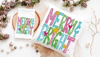 merry and bright Christmas throw pillows for couch, pink Christmas decor, colorful Christmas kitchen towels for gifts, cute Christmas gifts
