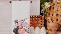 coquette Halloween kitchen towel, boo basket stuffers for adults, whimsical Halloween kitchen decor, pink pumpkin hand towels for bathroom