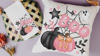 coquette Halloween kitchen towel, boo basket stuffers for adults, whimsical Halloween kitchen decor, pink pumpkin hand towels for bathroom