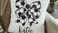 personalized soccer coquette bow throw pillow with name, soccer gifts for girls, cute soccer senior gifts for daughter, soccer rally towels