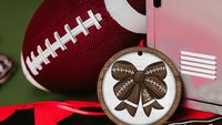 personalized football coquette bow football mom gift set for women, cute football rally towel, football bow ornament wood, football cheer