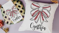 personalized baseball coquette bow throw pillows with name, baseball mom gifts, baseball girl baseball bow ornament wood, baseball rally