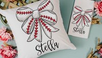 personalized baseball coquette bow throw pillows with name, baseball mom gifts, baseball girl baseball bow ornament wood, baseball rally
