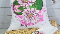 July birth flower throw pillow for bed, larkspur kitchen towels, water lily birth month flower decor, July birthday gifts for her, Leo gifts