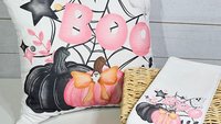 girly goth coquette Halloween throw pillow covers 18 x 18, pink pumpkin kitchen towels, boo basket stuffers for adults, cute Halloween decor