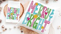 merry and bright Christmas throw pillows for couch, pink Christmas decor, colorful Christmas kitchen towels for gifts, cute Christmas gifts