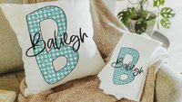 personalized turquoise gingham initial throw pillow for bed cute flamingo gifts for her, pink flamingo kitchen towels for gifts, beach house