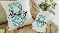 personalized turquoise gingham initial throw pillow with name, cute flamingo gifts for women, pink flamingo decor, beach house gifts, accent