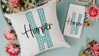personalized turquoise gingham initial throw pillow with name, cute flamingo gifts for women, pink flamingo decor, beach house gifts, accent