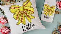 personalized softball coquette bow softball throw pillows for bed cute softball mom gift set for women, softball bow kitchen towels for gift