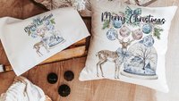 deer Christmas throw pillow for couch, chinoiserie Christmas decor for indoors, woodland Christmas kitchen towels, Christmas hostess gifts