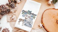 deer Christmas throw pillow for couch, chinoiserie Christmas decor for indoors, woodland Christmas kitchen towels, Christmas hostess gifts