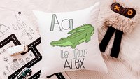 personalized jungle nursery throw pillow with name, a is for alligator nursery decor, safari baby shower gift, reading nook pillow kids room