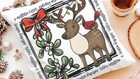 holiday wishes cute reindeer throw pillow for couch, mistletoe kisses Christmas kitchen towels, woodland Christmas hostess gifts for women