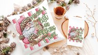 making a list and checking it twice pink Christmas throw pillows for couch, leopard print Santa Claus kitchen towels, sage green Christmas