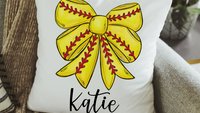 personalized softball coquette bow game day rally towel, softball senior night gift, softball bow hand towel for bathroom, softball mom gift