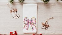 bow Christmas lights cute Christmas throw pillows for couch, coquette Christmas kitchen towels for friends, pink Christmas decor for home
