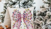 bow Christmas lights cute Christmas throw pillows for couch, coquette Christmas kitchen towels for friends, pink Christmas decor for home