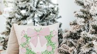 pink chinoiserie Christmas throw pillows for couch, watercolor wreath Christmas kitchen towels for new home, trending Christmas gifts for