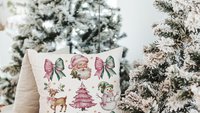 coquette Christmas throw pillows for couch, preppy Christmas kitchen towels for new home, pink reindeer decor, secret Santa gifts for women