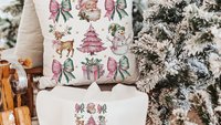coquette Christmas throw pillows for couch, preppy Christmas kitchen towels for new home, pink reindeer decor, secret Santa gifts for women