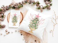 coastal Christmas tree throw pillows for couch pink nautical Christmas kitchen towels for winter, holiday hosting decor home decor gift