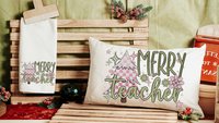 merry teacher mauve Christmas lumbar pillows for chair, moss green Christmas decor for indoors, cute Christmas gifts for teachers, stocking