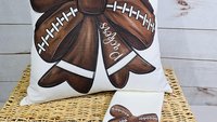 personalized football coquette bow football throw pillow for bed, custom cute football decor for living room, football mom gift, cheer gifts