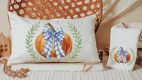 rustic pumpkin lumbar pillow for bed, Thanksgiving hostess gifts for women, farmhouse pumpkin decor for home, October birthday gifts for her